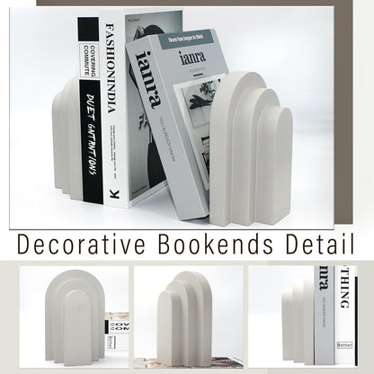 LIN CHUAN Heavy Duty Bookends for Shelves, 6.6 LBS Heavy Book Ends for Heavy Books, Decorative Modern Bookends with Faux Sandstone Look, Layered Arch Book Stopper for Bookshelf Holder Set of 2, Beige