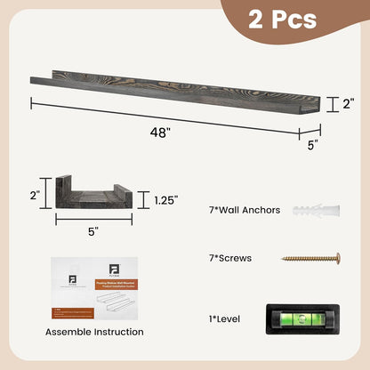 FLYJOE Picture Ledge Shelf, Floating Shelves Set of 2, Solid Pine Wood 55'' Long Large Nursery Book Shelves for Toys Storage, Kids Bookshelf for Living Room Bedroom Decor Books Photo Frames, Walnut