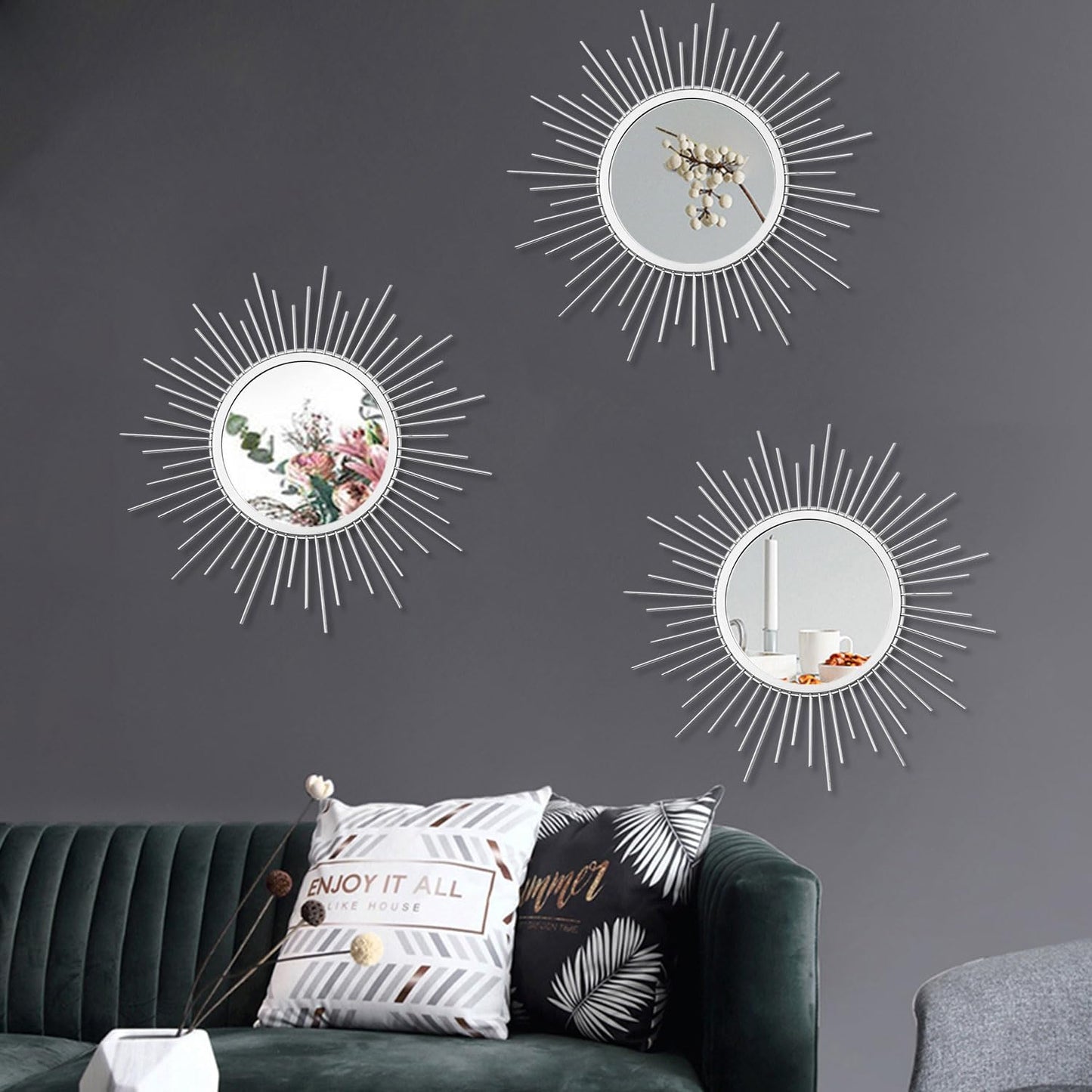 3 Pack Metal Mirrors for Wall Sunburst Wall Mirrors Home Décor Decorative Hanging Wall Art for Living Room Bedroom Entryway (Gold, Flower+Sunburst)