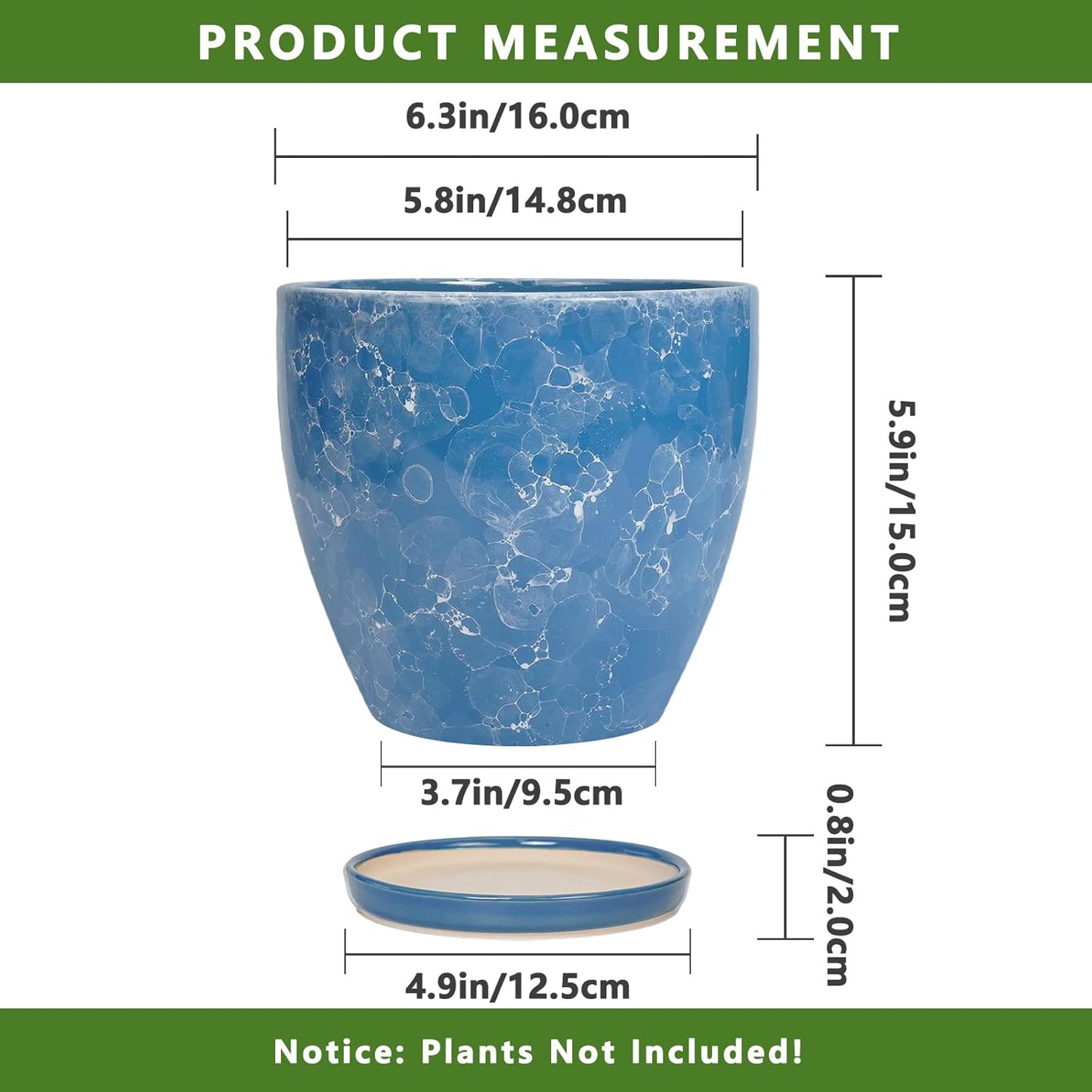 10 Inch Ceramic Planter Pot Round Plant Pot for Indoor Plants Outdoor Large Flower Pot with Drainage Hole and Saucer Blue