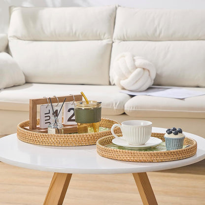 Round Rattan Tray with Mother of Pearl Inlay, Rattan Serving Tray with Wooden Base, Decorative Wicker Basket for Table Decor, Storage and Display of Coffee Bread Food Fruit (Leaf)