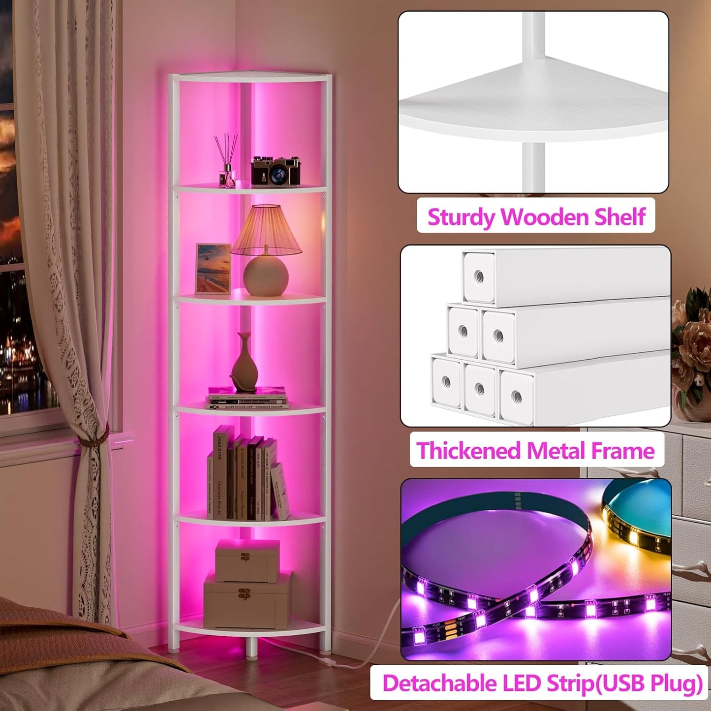 Furnulem 6 Tier Corner Shelf with LED Light, 67.5” Tall Standing Shelf Organizer, Black Narrow Bookshelf with Storage Rack for Wall Corner, Living Room, Bedroom, Metal Frame, Wood Display Shelf