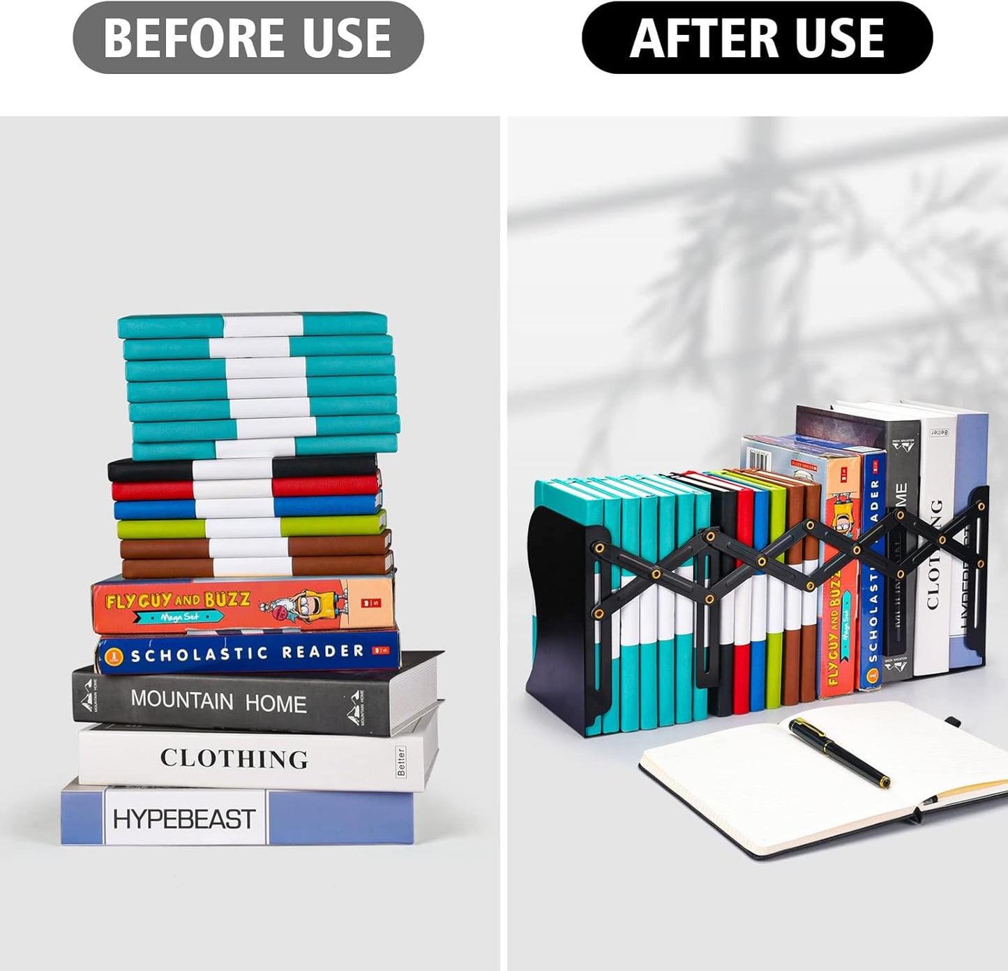 2PCS Adjustable Bookends, Metal Book Ends for Heavy Book, 2 Dividers, Nonslip Book Stander for Desk, Shelf, Office, Stationery Gift, Extends up to 19 inches (Blue)