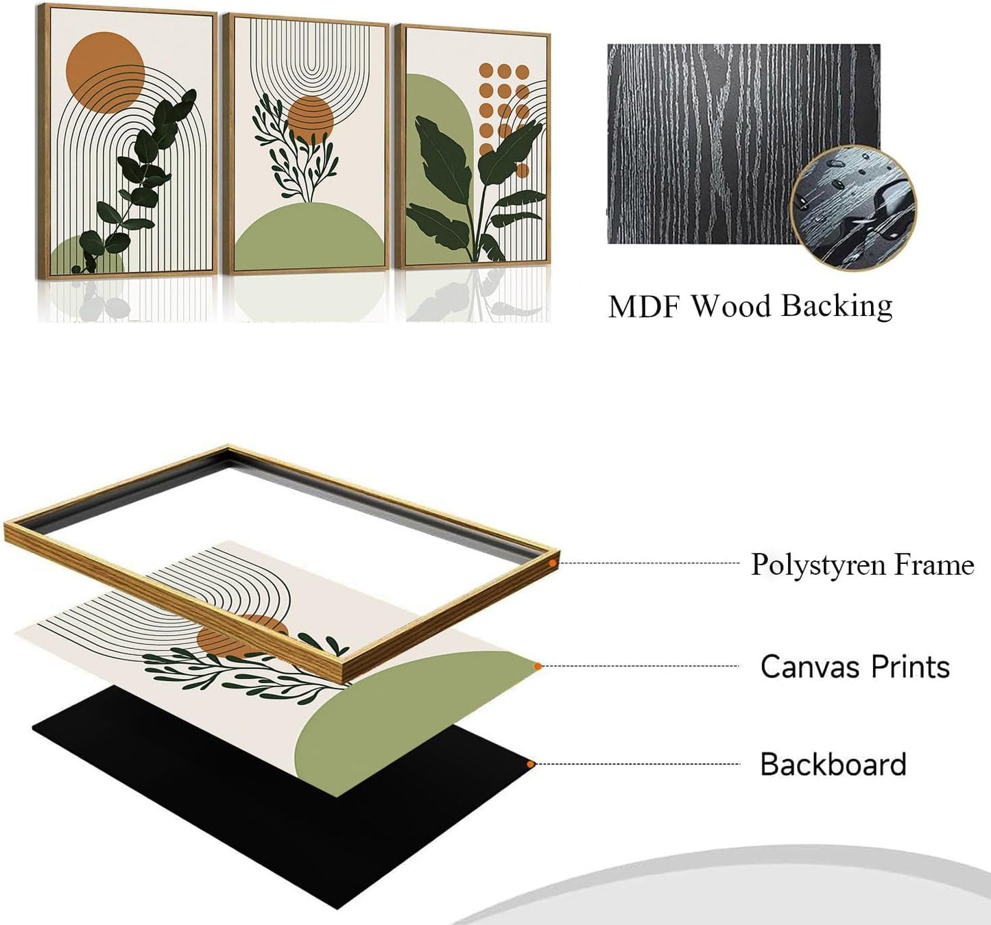Bwodke Boho Wall Art, Framed Abstract Wall Art, Green Botanical Neutral Canvas Wall Decor, Large Mid Century Plant Pictures Set of 3, Modern Minimalist Paintings, for Bedroom Living Room Bathroom