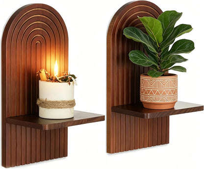 Mid Century Modern Candle Sconces: Set of 2 Walnut Boho Wall Candle Holder Decor for Living Room Fireplace - Arch Candle Shelf for Plants Pillars Candles