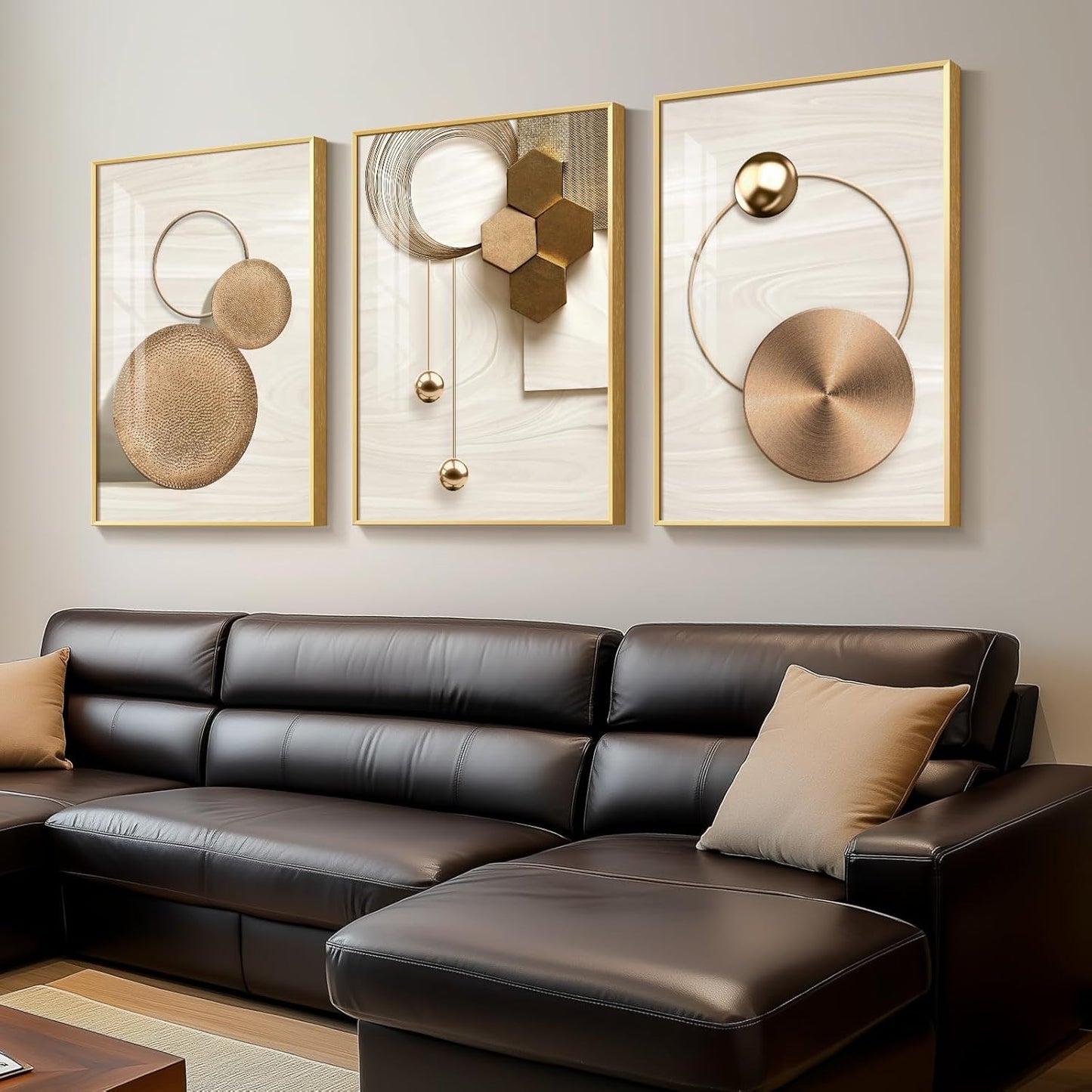 Framed Modern Luxury Gold Wall Art, Set of 3 Piece Contemporary Paintings Artwork for Walls, Golden Prints Pictures with Gold Frame, Wall Decor for Living Room, Hallway, Bedroom, Office 16x24 Inch