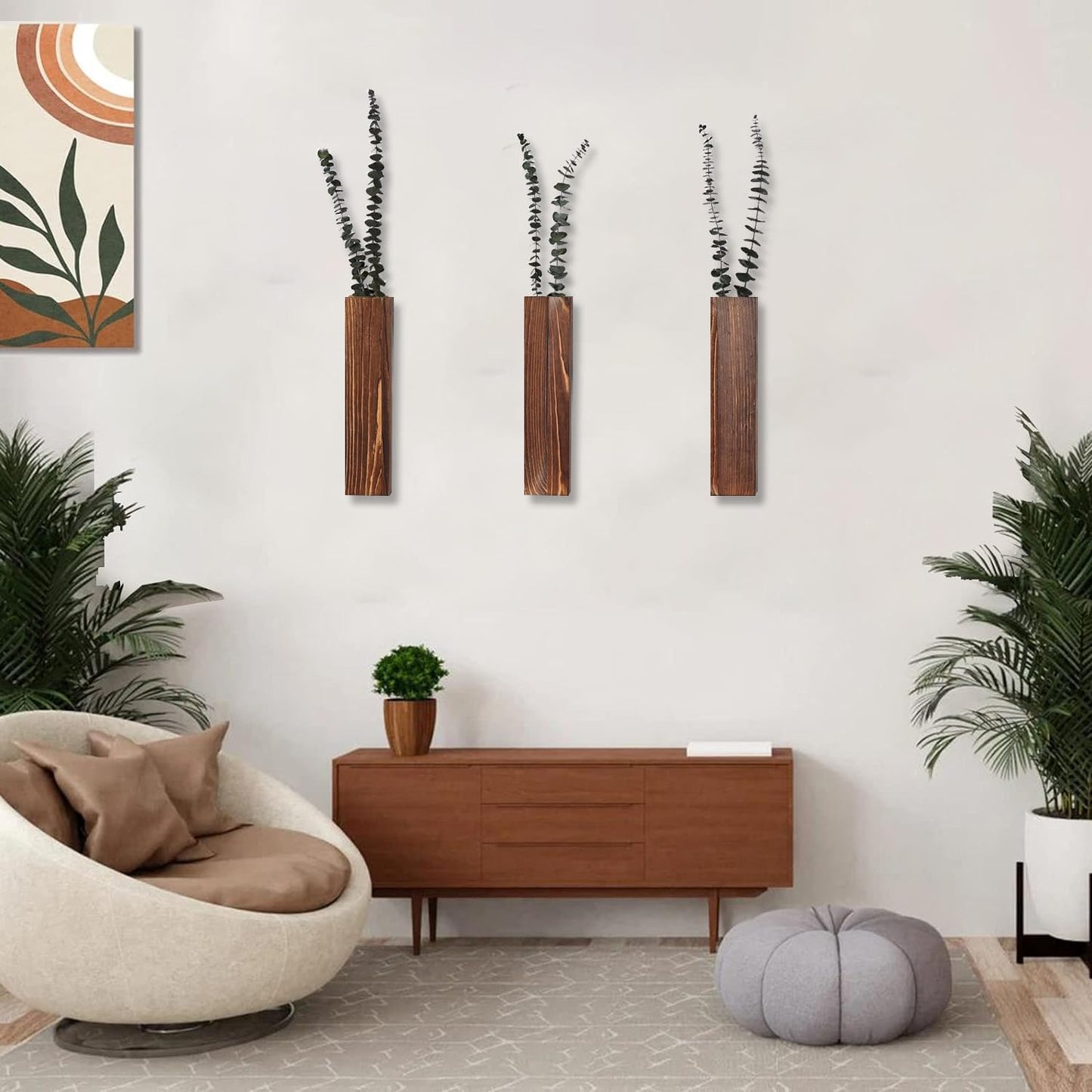 Wooden Wall Planter Set of 4 - Modern Home Decor for Living Room, Bedroom, Bathroom - Walnut Finish Planter for Dried Flowers, Faux Greenery, Indoor Plants