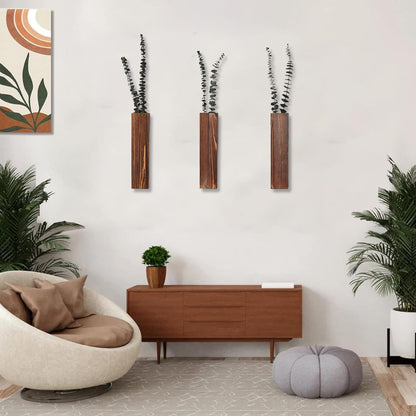 Wooden Wall Planter Set of 4 - Modern Home Decor for Living Room, Bedroom, Bathroom - Walnut Finish Planter for Dried Flowers, Faux Greenery, Indoor Plants
