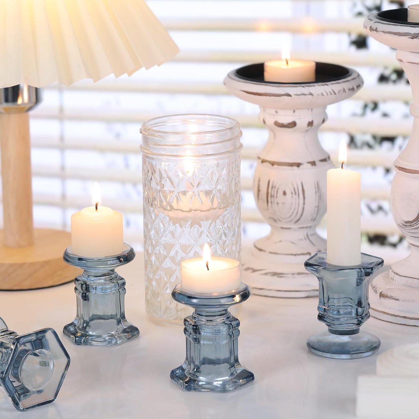 Lanttu Candlestick Holders Bulk, 12 Pcs Glass Candle Holders Set Clear, Crystal Taper Candle Holder for Wedding, Table Centerpiece, Home Decoration