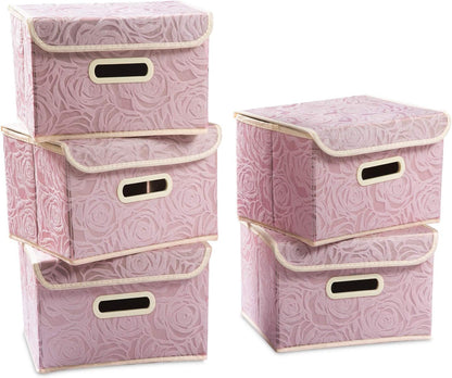 PRANDOM Larger Collapsible Storage Bin with Lid [1-Pack] Fabric Decorative Storage Box Cube Organizer Container Baskes with Handles Divider for Bedroom Closet Living Room Pink 17.7x11.8x11.8 Inch