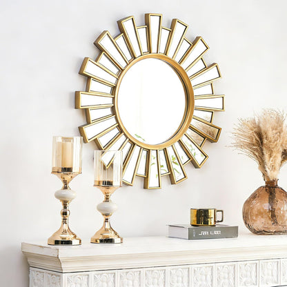 Gold Sunburst Mirror, 26" Sun Mirror Wall Decor with Beveled Glass Frame, Starburst Mirrors for Entryway, Dining Room, Living Room