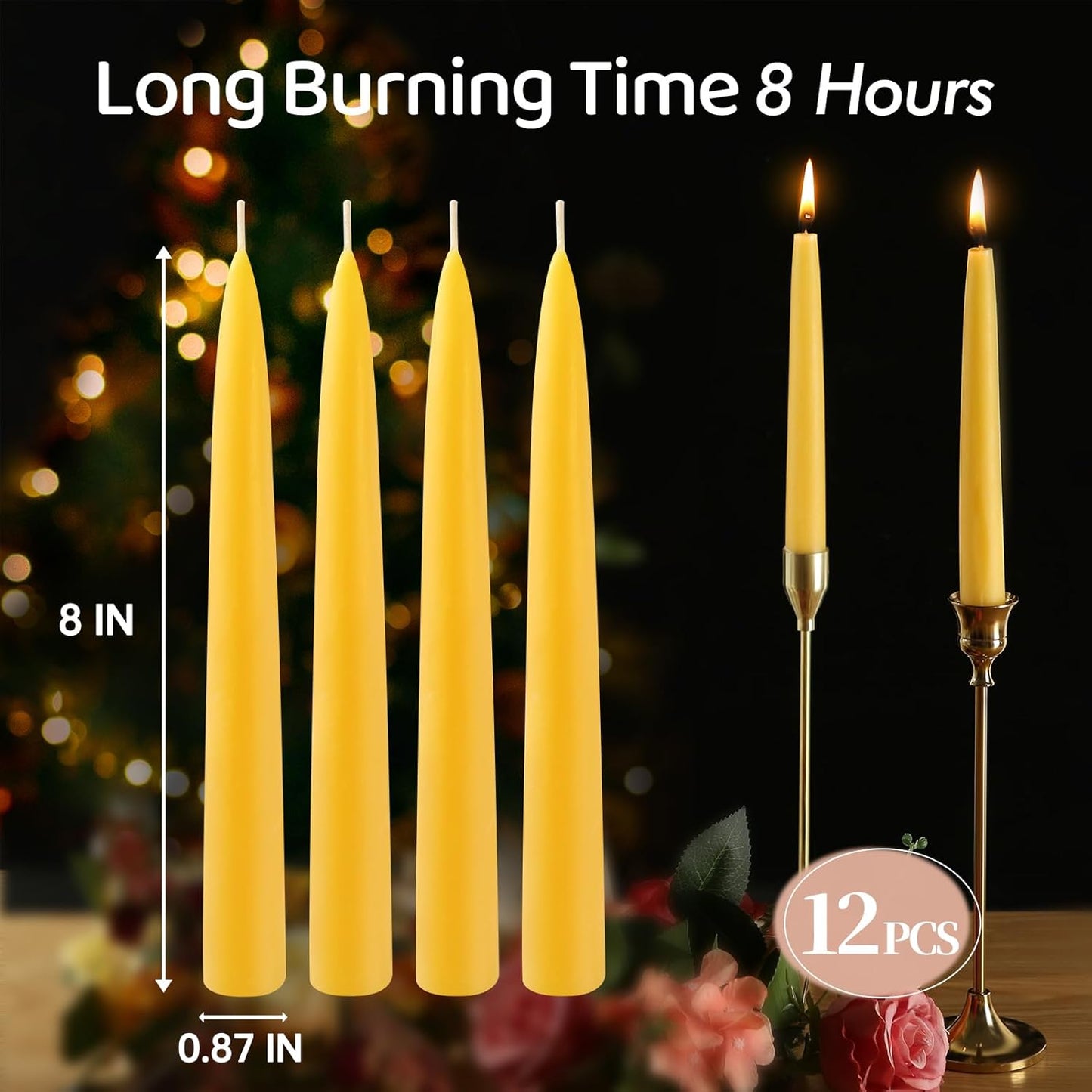 12 Pack Beeswax Taper Candles,8in Dripless Pure Beeswax Candles Non Toxic,8 Hours Long Burning 100% Natural Candle Sticks,Smokeless and Unscented Bees Wax Candle for Home,Prayer,Tall Tapered