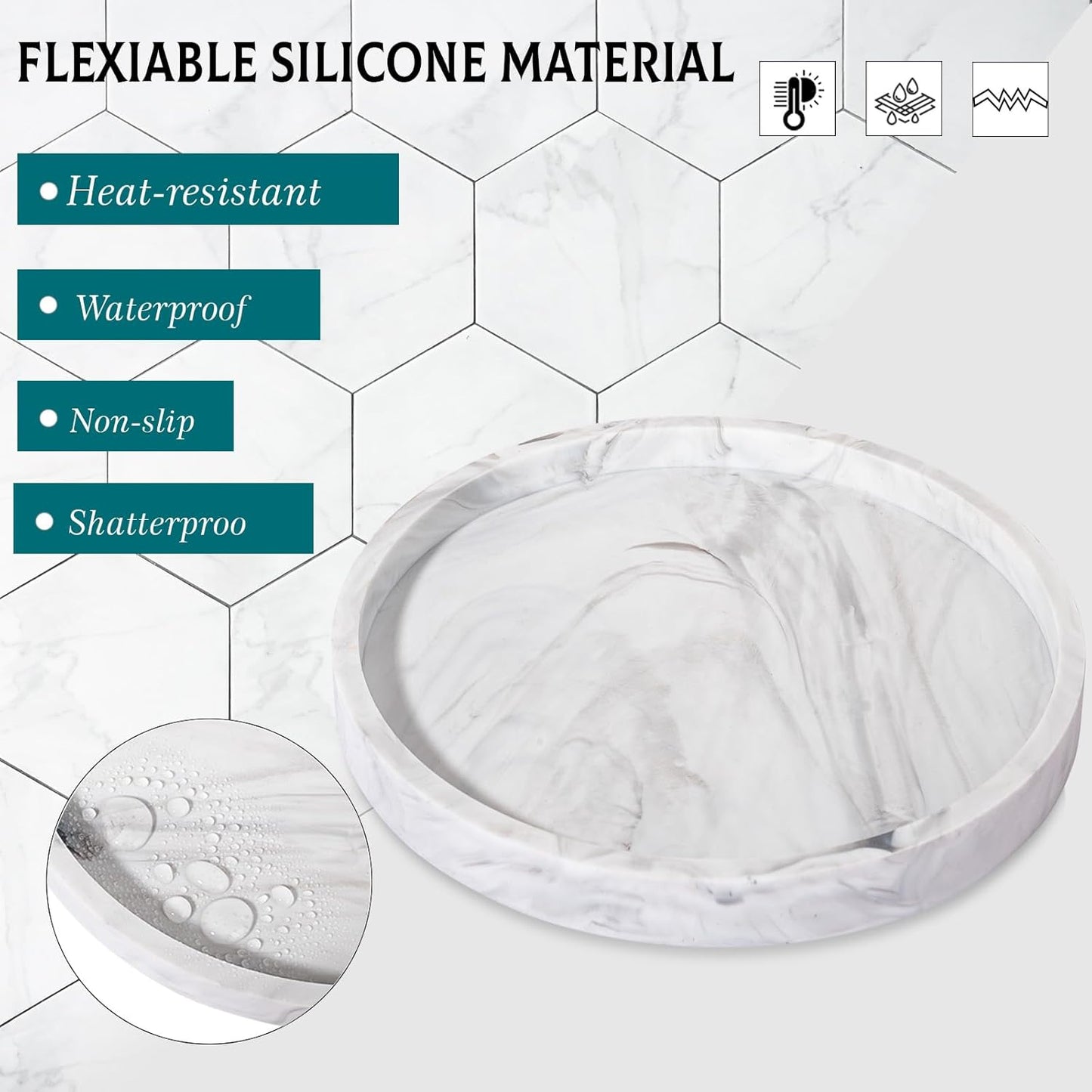 Silicone Bathroom Tray Round Vanity Tray Decorative Soap Holder Kitchen Countertop Organizer Coffee Table Decor for Candle, Perfume, Plant, 9 Inch, Black