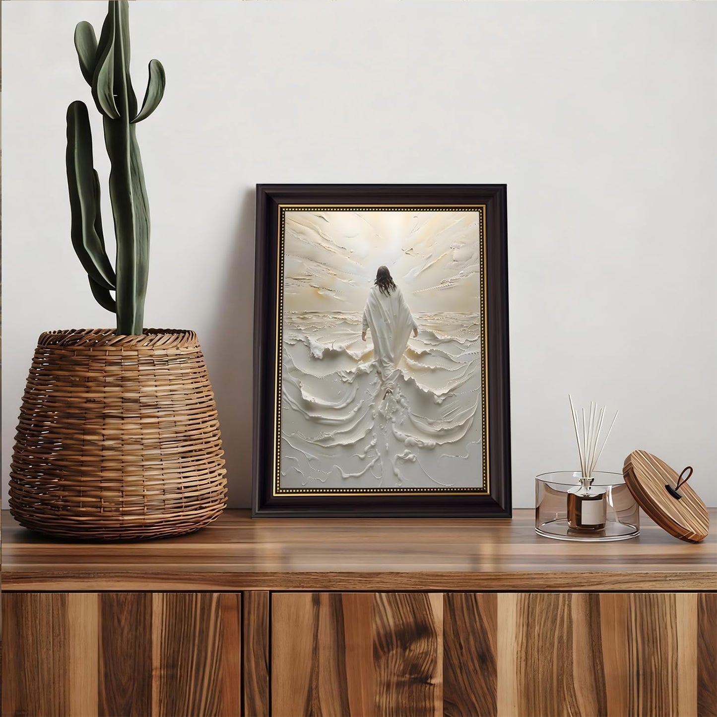 Abstract Jesus Walking on Water Canvas Wall Art Christian Spiritual Wall Decor Pictures Divine Light Modern Religious Posters Prints for Living Room Bedroom Church Decoration 12x16in