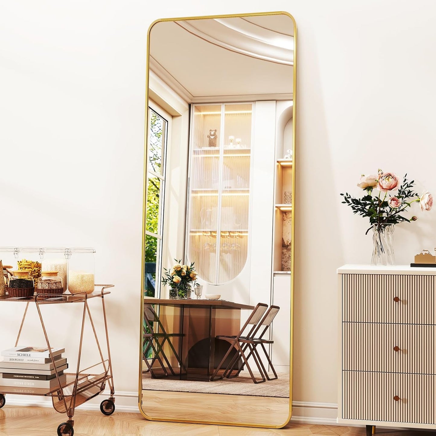 XRAMFY 56"x21" Floor Full Length Mirror Standing Full Body Rounded Corner Rectangle Mirrors with Stand Hanging Wall Mounted Leaning Bedroom Living Room Bedroom Cloakroom,Gold