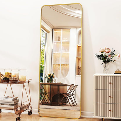 XRAMFY 56"x21" Floor Full Length Mirror Standing Full Body Rounded Corner Rectangle Mirrors with Stand Hanging Wall Mounted Leaning Bedroom Living Room Bedroom Cloakroom,Gold