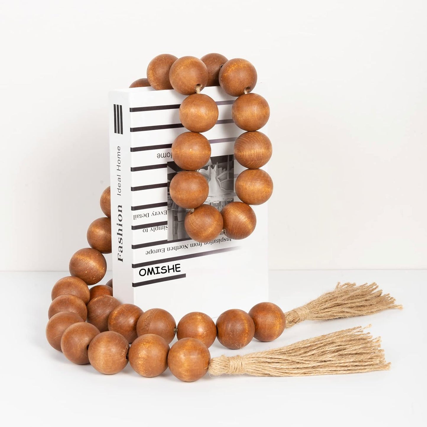 OMISHE Extra Large Wood Bead Garland with 1.6" Diameter Wooden Beads and Tassels, 41" Long Rustic Farmhouse Country Decorative Beads for Home Tiered Tray Decor, Natural Beige