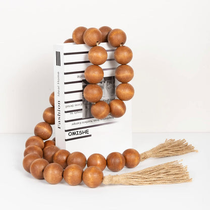 OMISHE Extra Large Wood Bead Garland with 1.6" Diameter Wooden Beads and Tassels, 41" Long Rustic Farmhouse Country Decorative Beads for Home Tiered Tray Decor, Natural Beige