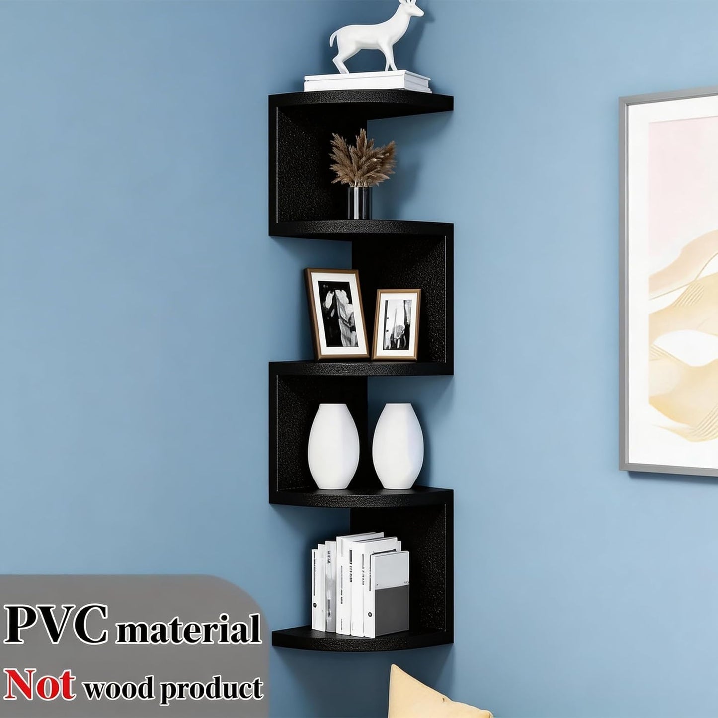 No-Drill Corner Shelf Wall Mount, 5-Tier Floating Corner Bookshelf with Hooks, Space-Saving Zigzag Plant Shelf for Bedroom, Living Room, Bathroom, Home Office