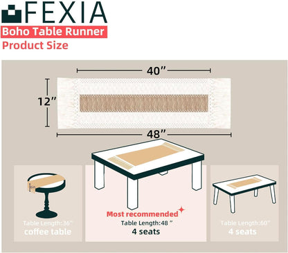 FEXIA Boho Table Runner for Thanksgiving Fall Christmas Home Decor with Tassels 72 Inches Long Pottery barn Furniture Farmhouse Rustic Macrame Burlap Table Decoration for Living Room (12x72 Inches)
