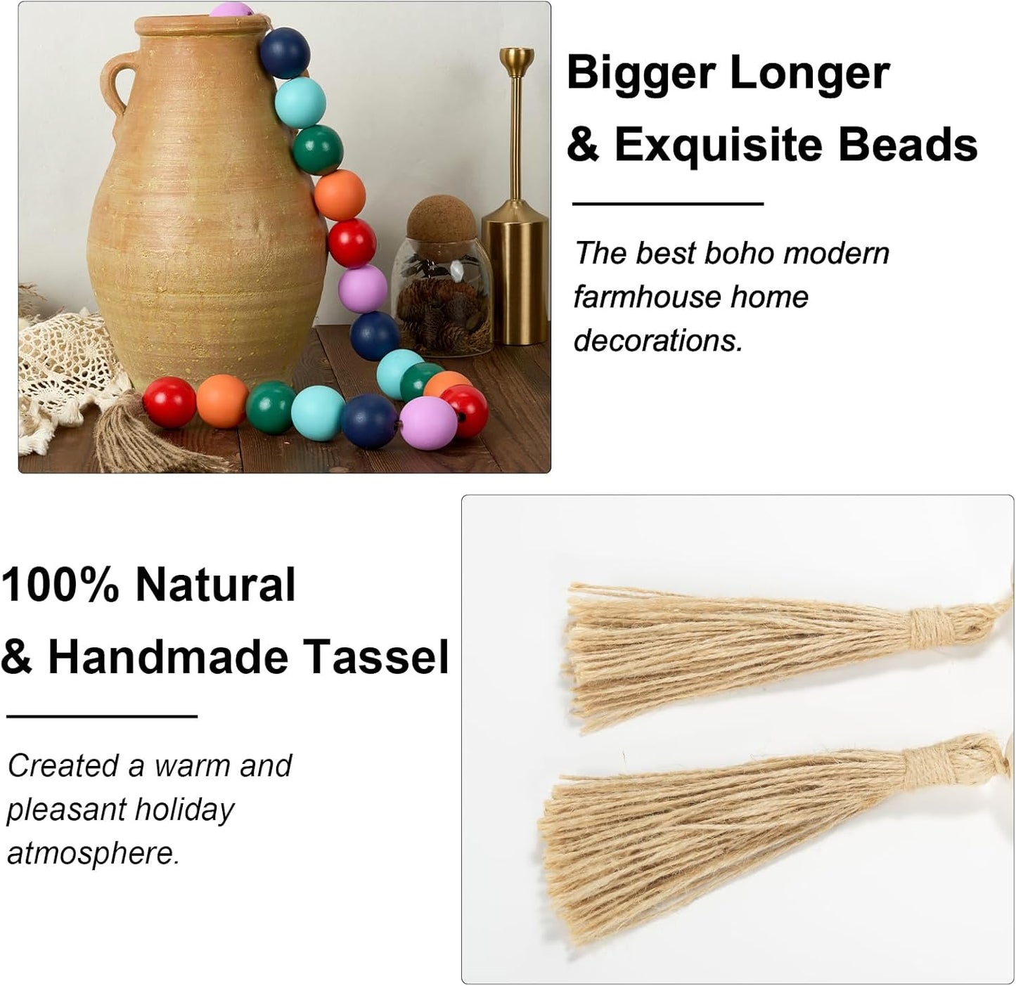 OMISHE Extra Large Wood Bead Garland with 1.6" Diameter Wooden Beads and Tassels, 41" Long Rustic Farmhouse Country Decorative Beads for Home Tiered Tray Decor, Natural Beige