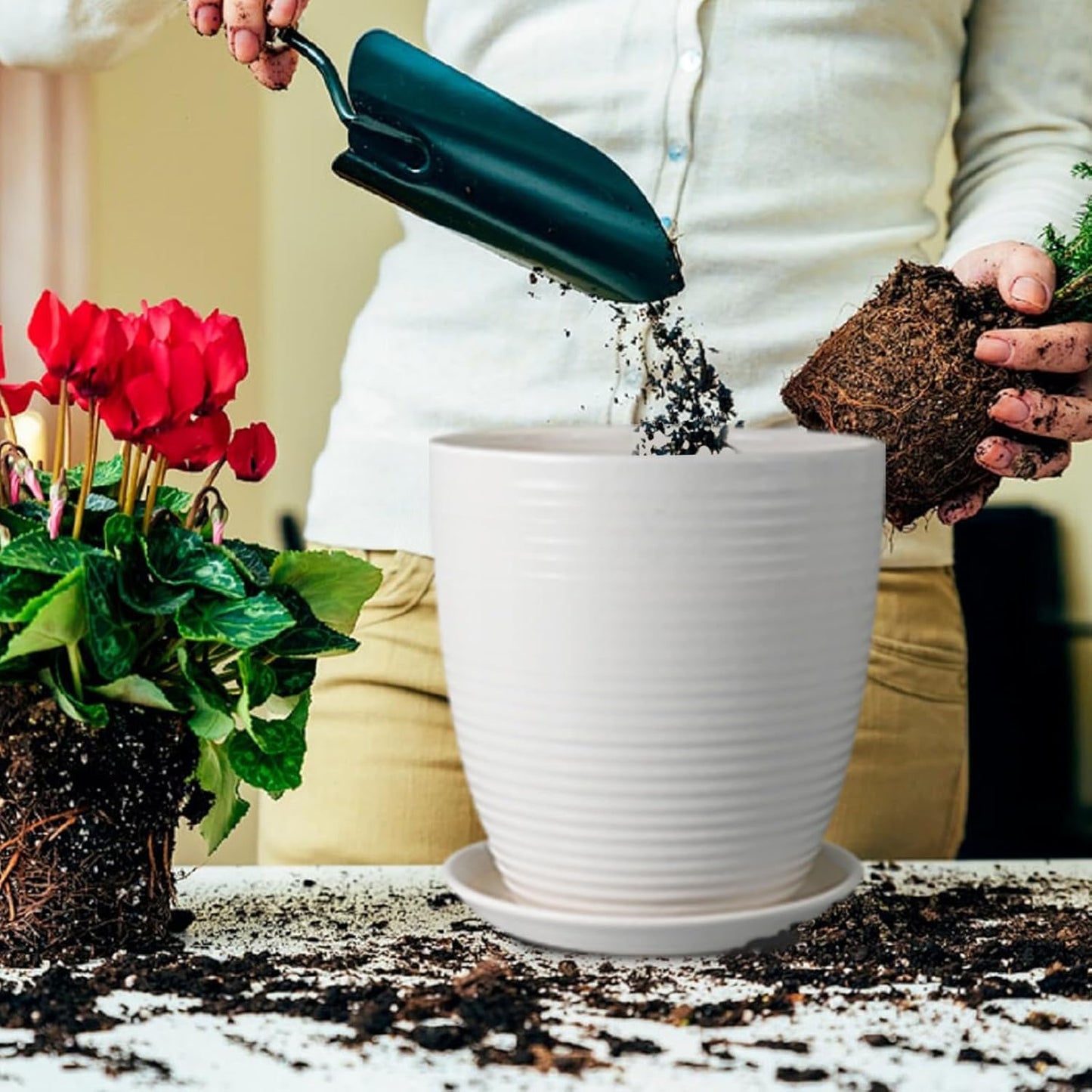 Ceramic Pots for Plants - 6 Inch Plant Pot with Drainage Hole and Saucer, Round Planters for Indoor Outdoor, Flower Pots, Modern Planter, Home Office Room Decor, Gifts for Plant Lovers, White
