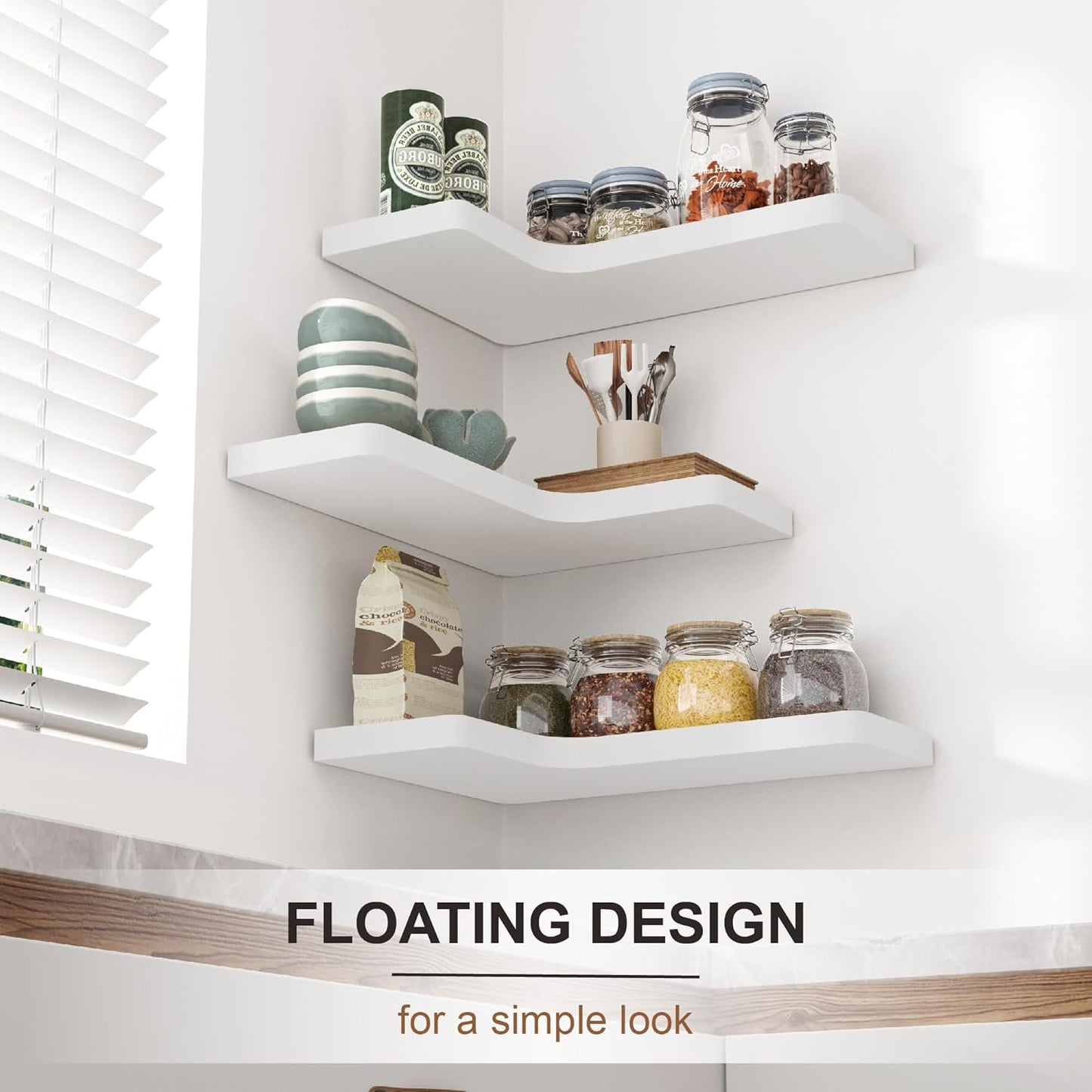 fuqing Floating Corner Shelves, Wall Shelf Set of 3, Shelves for Wall Storage, Solid Wood Shelves for Storage, Wall Mount Wooden Display Shelf for Bathroom Bedroom Kitchen Garage, Rustic Brown