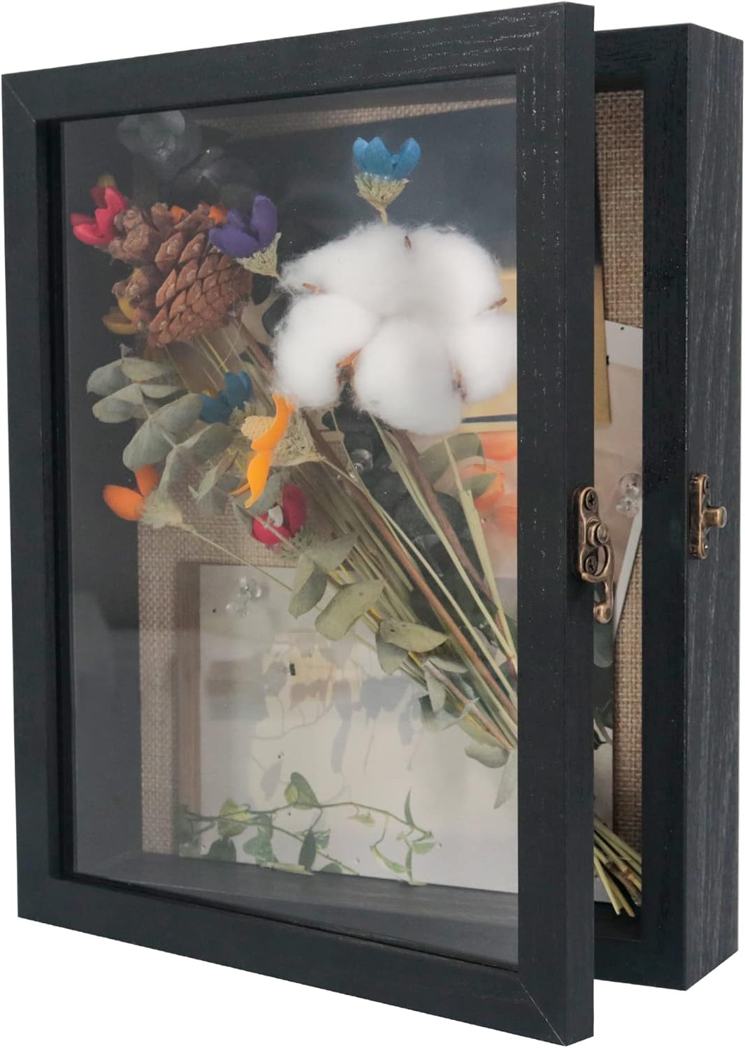 GraduationMall 13x16 Wood Shadow Box Frame Glass Door Display Case with Linen Back and 6 Stick Pins,1.5 inches Interior Depth,Ideal for Memorabilia Pictures Flowers Medals Tickets Rustic White