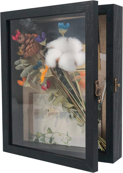 GraduationMall 13x16 Wood Shadow Box Frame Glass Door Display Case with Linen Back and 6 Stick Pins,1.5 inches Interior Depth,Ideal for Memorabilia Pictures Flowers Medals Tickets Rustic White