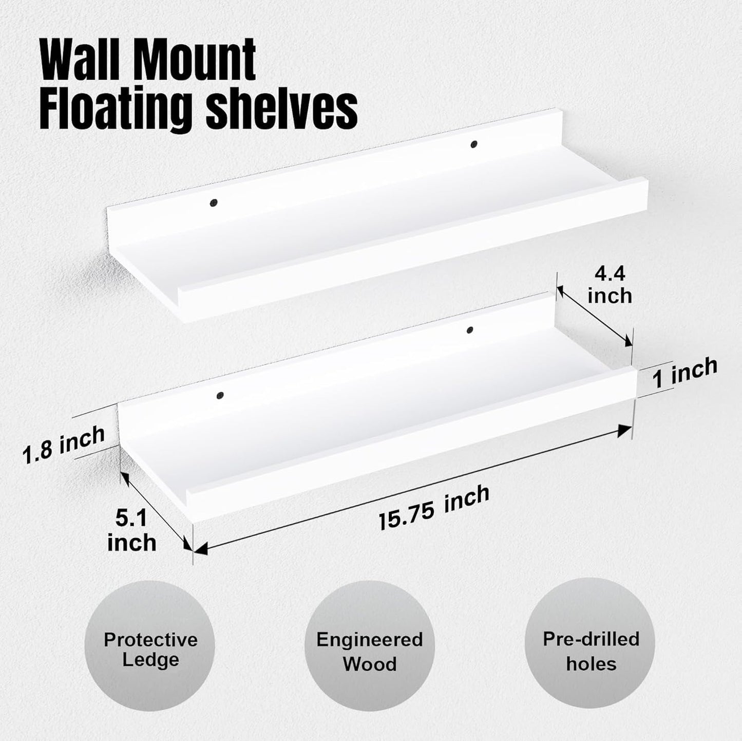 RICHER HOUSE 5 Set Floating Wall Mounted Shelves, Black Shelves for Wall Decor, Modern Picture Ledge Shelf with Lip for Storage, Nursery, Bedroom, Living Room, Bathroom - Black