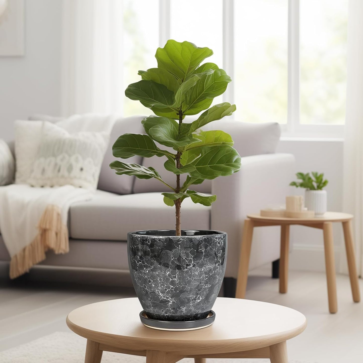 10 Inch Ceramic Planter Pot Round Plant Pot for Indoor Plants Outdoor Large Flower Pot with Drainage Hole and Saucer Blue