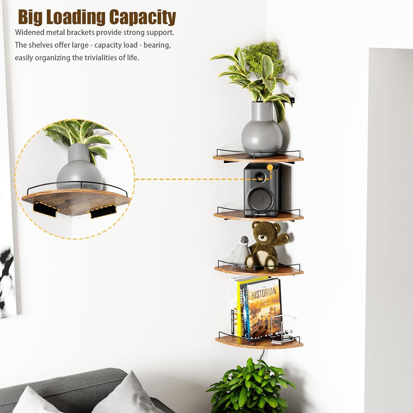 Corner Floating Shelves, Rustic Brown Wood, Set of 2, Wall Mount Storage with Guardrail for Bathroom Kitchen Living Room