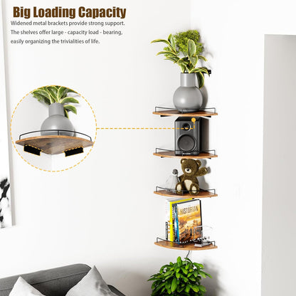 Corner Floating Shelves, Rustic Brown Wood, Set of 2, Wall Mount Storage with Guardrail for Bathroom Kitchen Living Room