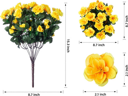 Ivydale Artificial Fake Flowers Plants for Outdoor Outside Spring Decor, Faux Silk Yellow Camellia UV Resistant Look Real for Planter Pot Porch Patio Balcony Garden Yard, 3 Large Bundles