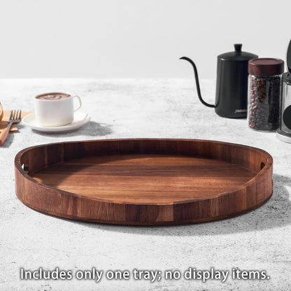 SARUFO Acacia Wood Round Ottoman Tray – Decorative Serving Tray with Handles for Coffee Table, Breakfast in Bed, Living Room, Kitchen Counter, Candle Display, Tea Party, Lunch, Dinner, Bathroom