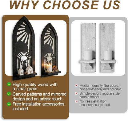 Wood Wall Sconce Candle Holder Set 2, Rustic Wall-Mount Candle Holders, Farmhouse Hanging Wall Décor, Carved Wood Frame, Mirrored Candle Holder (Distressed White)