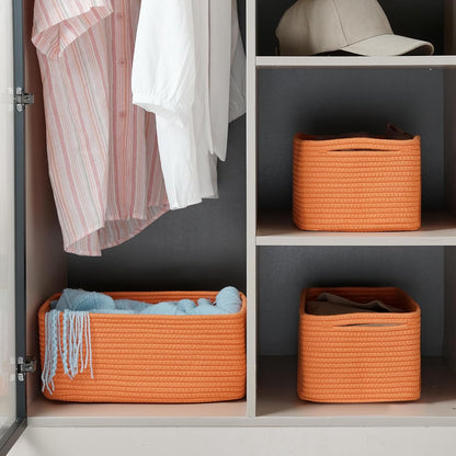 3-Pack Small Storage Baskets for Organizing | Woven Shelf Toy Basket | Rope Baskets for Gifts Empty | Closet Organizer Bins with Handles | Cube Decorative Box | 11.8×7.8×5.1” | Mixed brown