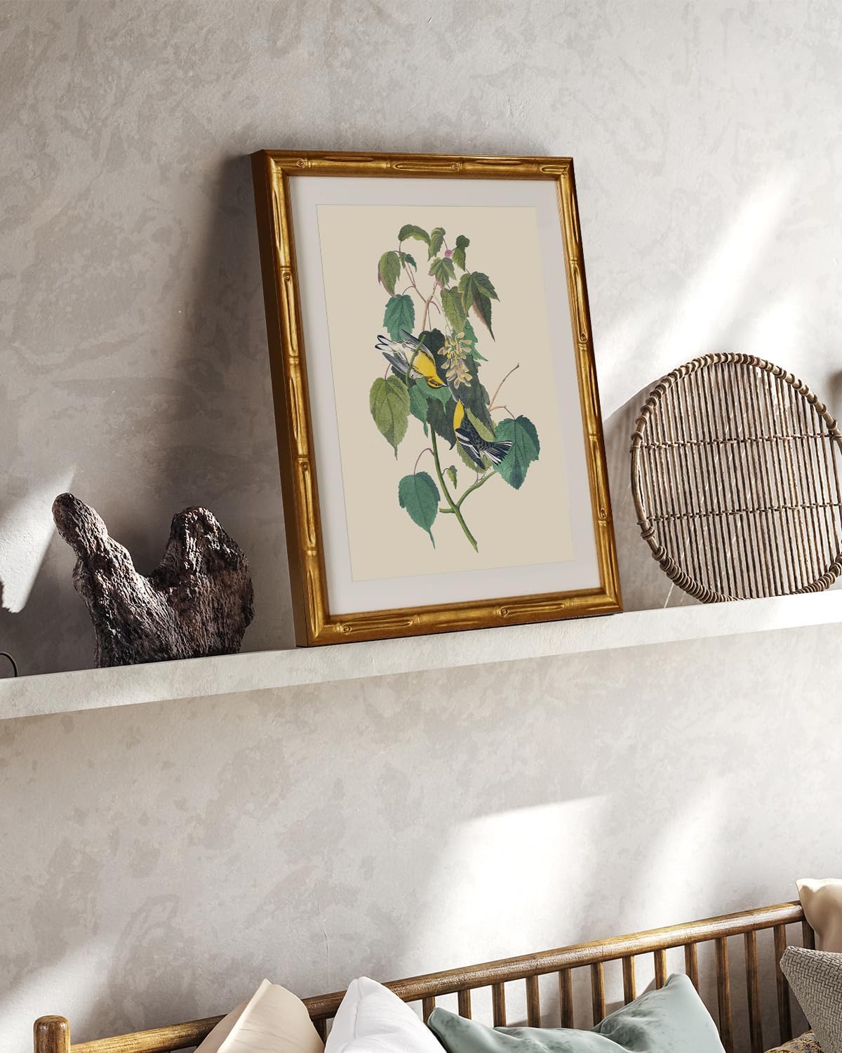 InSimSea Gold Bamboo Framed Canvas Wall Art, Retro Blue Hydrangea Botanical Prints, Antique Flowers Picture Frame with Mat, Victorian Home Wall Decor for Kitchen Living Room Bedroom, 11x14inch