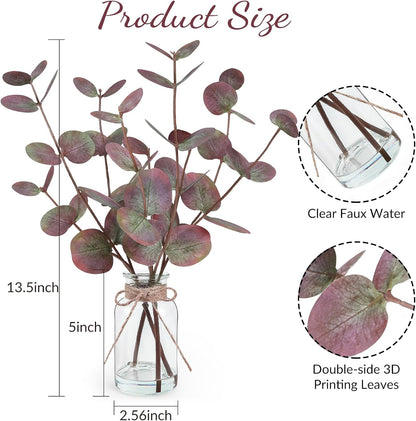 Bessol Artificial Eucalyptus Stems in Glass Vase with Faux Water, 13.5" Fake Plants for Home Decor, Coffee Table Centerpieces, Office, Bathroom & Farmhouse Weddings - Faux Greenery Plants Decorations