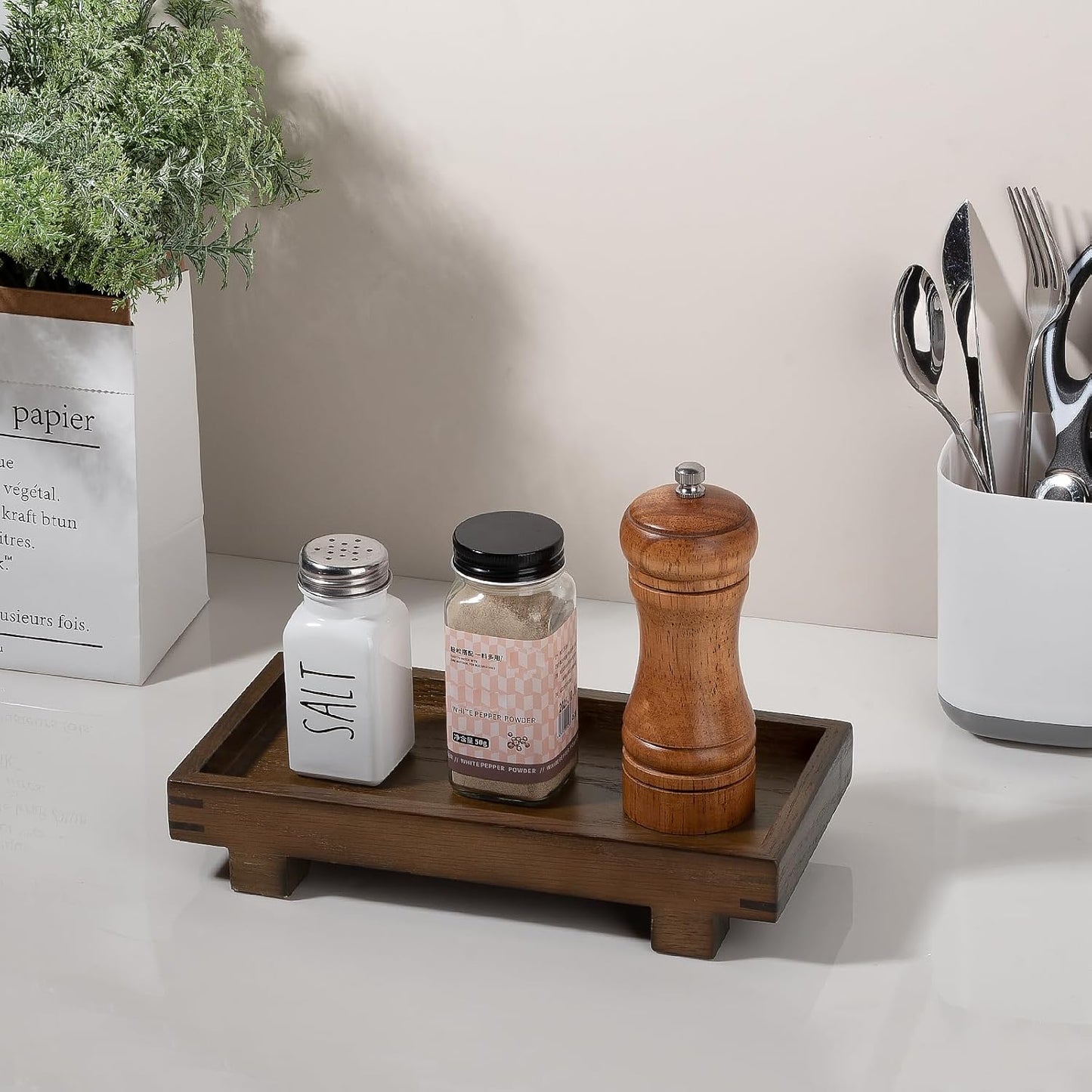 Decorative Tray Small Pedestal Stand Farmhouse Bathroom Decor Wooden Riser Display Stand for Vanity, Kitchen Countertop, Sink, 9.4 * 4.7 White