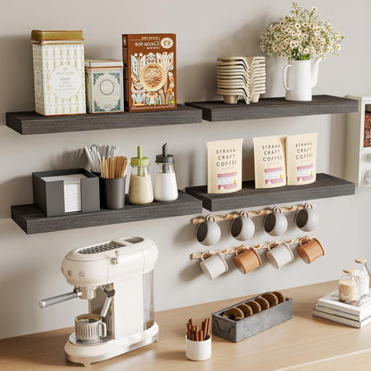 Fixwal Black Floating Shelves for Wall, Rustic Wood Shelves for Bathroom, Living Room, Bedroom and Kitchen, Wall Shelves for Storage, Books, Room Decor (Set of 4, 15.8 Inch)