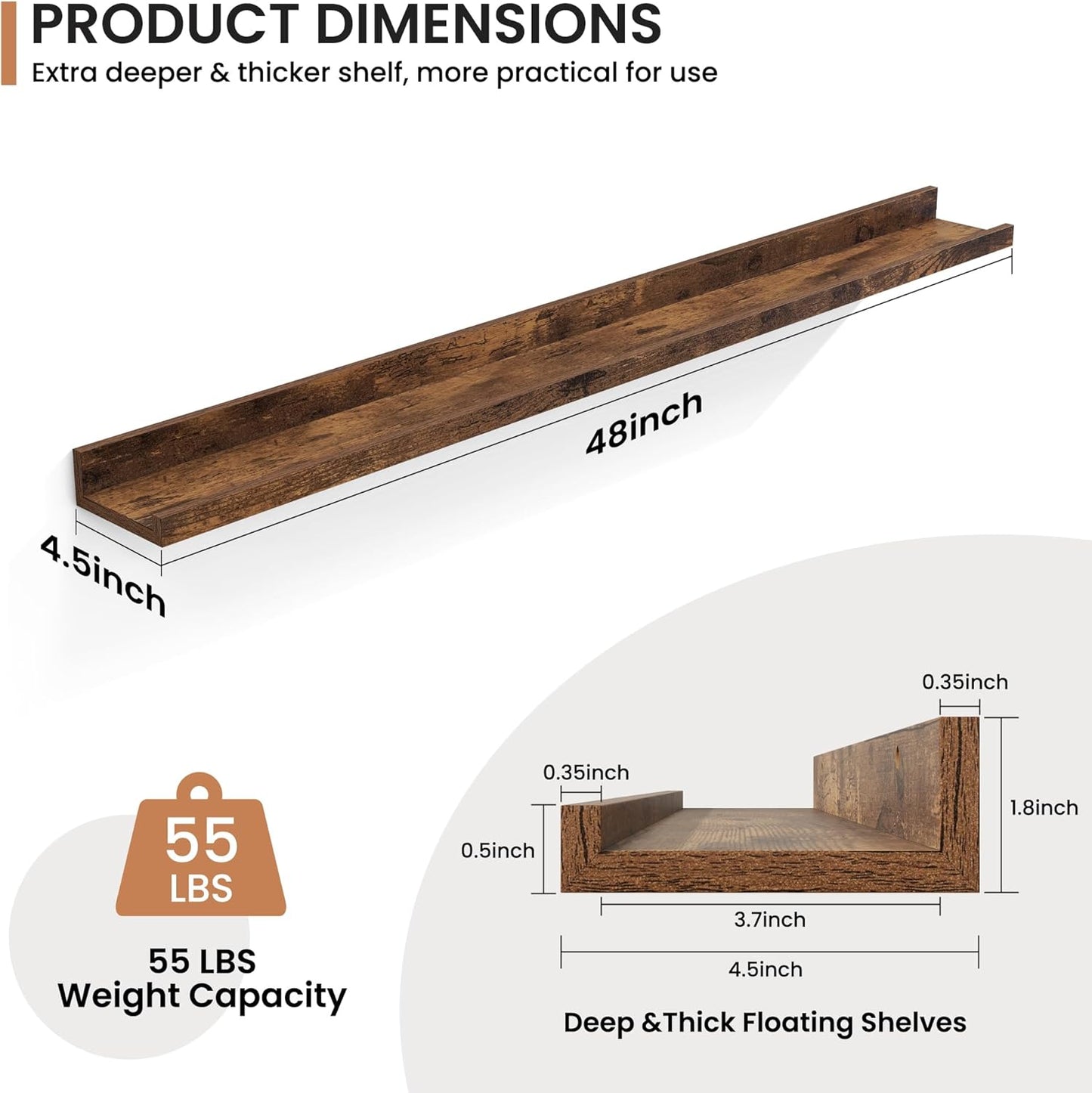 Fun Memories Picture Ledge Shelves Set of 2, 32 Inch Rustic Wall Mounted Floating Shelves with Lip for Home Storage and Décor in Bathroom, Kitchen, Nursery, Bedroom, Living Room, Walnut
