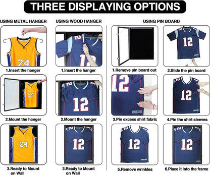 Large Lockable Jersey Frame Display Case Wall Mount, T-Shirt Shadow Box with Clear UV-Protective Acrylic, Hangers Linen Backing for Football, Basketball, Baseball