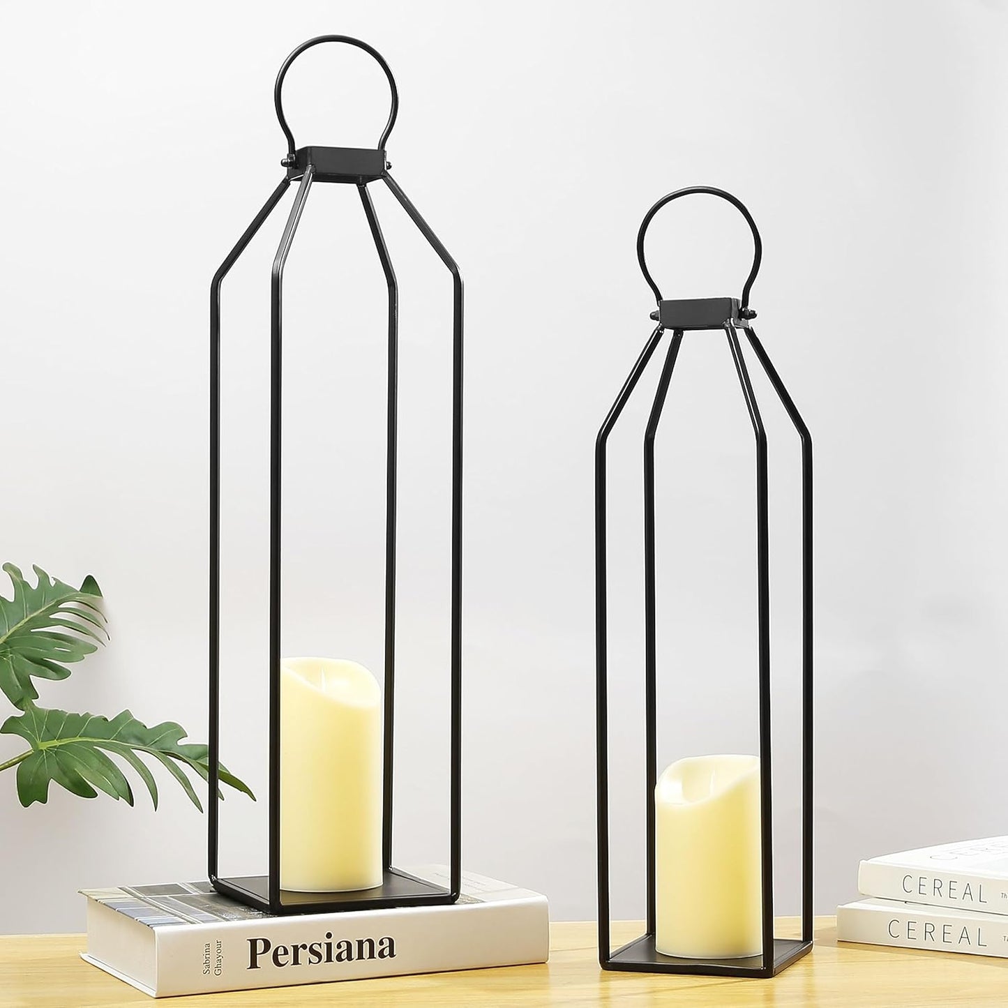 Perfnique Modern Farmhouse Lantern Decor, 15'' 13'' Set of 2 Black Metal Lantern, 2 LED 6hr Timer Flameless Candles ＆ Remote Timer, Lanterns Decorative for Outdoor, Home, Indoor, Patio, Christmas