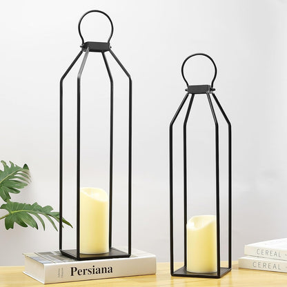Perfnique Modern Farmhouse Lantern Decor, 15'' 13'' Set of 2 Black Metal Lantern, 2 LED 6hr Timer Flameless Candles ＆ Remote Timer, Lanterns Decorative for Outdoor, Home, Indoor, Patio, Christmas