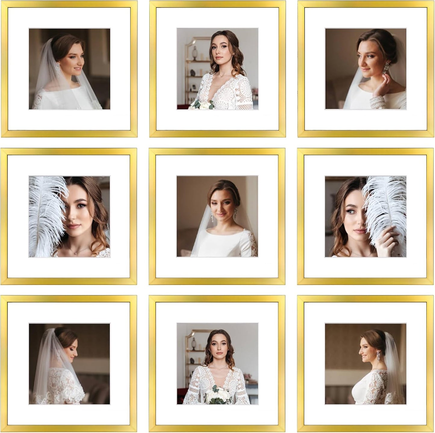 12x12 Picture Frame Set of 9, Display Pictures 8x8 with Mat or 12x12 without Mat, Multi Collage Gallery Square Photo Frames for Wall or Tabletop, Black