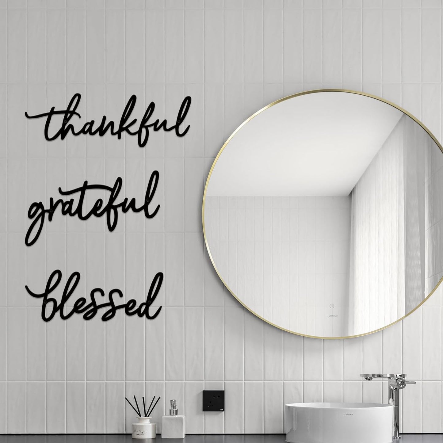 Thankful Grateful Blessed Letter Sign Metal Wall Decor, 3 Piece Black Letters Wall Art for Bathroom Bedroom Metal Words Wall Decor for Home Decor
