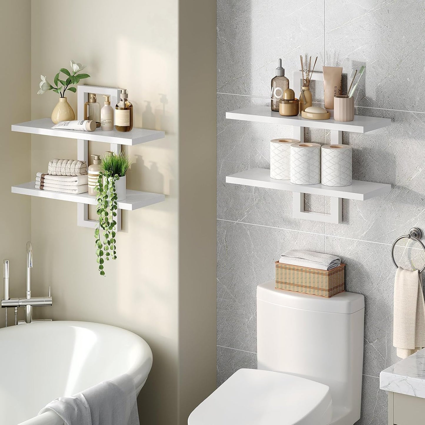 HOOBRO Floating Shelves, 15 Inch Wall Shelf Set of 2, Wall Mounted Storage Shelves 2-Tier, Hanging Bathroom Shelves, for Living Room, Bedroom, Bathroom, Kitchen, Rustic Brown and Black BF32BJ01G1