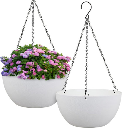 Meowell 10 inch Hanging Planters for Indoor Outdoor Plants, 2 Pack Hanging Flower Pots with Drainage Holes and Chain for Garden Porch, Plastic Hanging Baskets for House Plants, Speckled Grey