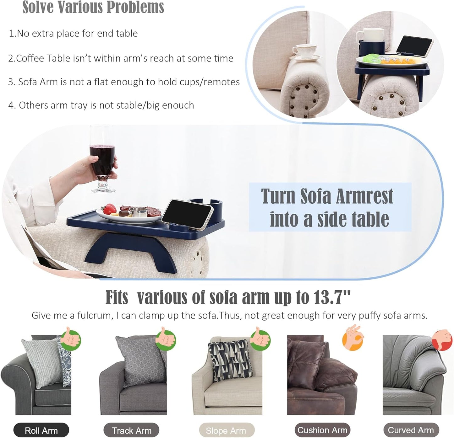 Nnewvante Couch Cup Holder Tray, 3 in 1 Large 15.36"x9.85" Acacia Wood Sofa Arm Clip on Tray Table with 360°Rotated Phone Holder on Armrest